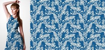 33164v Materiał ze wzorem tropikalne kwiaty i liście (hibiskus) na niebieskim tle